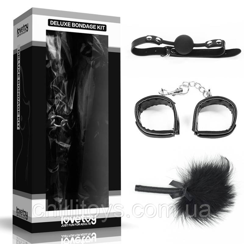 Набір для сексуальних бдсм ігор Deluxe Bondage Kit (кляп, наручники, тиклер), Черный, фото 1