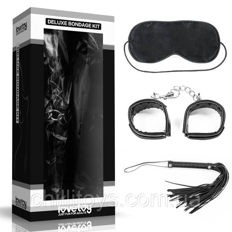 Набір для сексуальних бдсм ігор Deluxe Bondage Kit (маска, наручники, батіг), Черный, фото 1