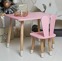 Детский прямоугольный столик (Розовый) и стульчик Зайчик (Розовый) e11p10