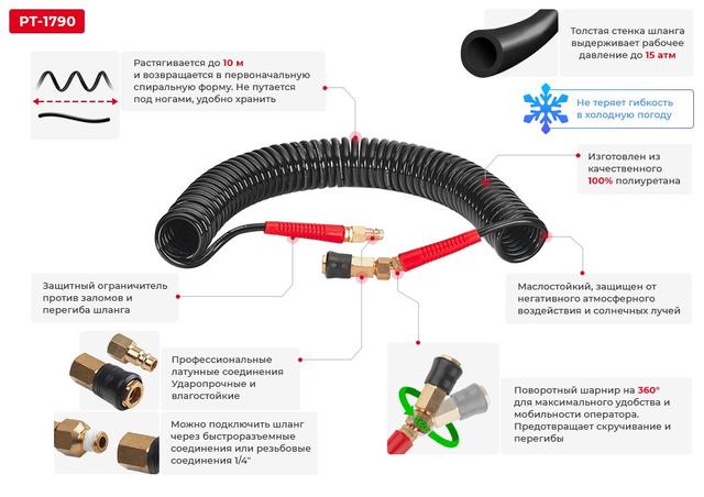 Шланг полиуретановый спиральный BLACK M-Flex 5.5 x 8 мм, 10 м STORM INTERTOOL PT-1790