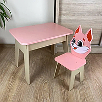 Детский стол с ящиком + стульчик для учебы и игры (Розовый с лисенком) e11p10