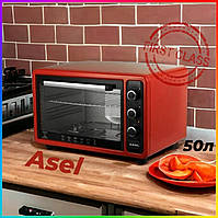 Електрична духовка ASEL на 50л з двома деками та таймером Електро піч велика на 1300Вт червона