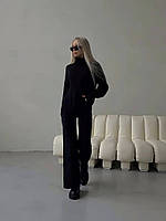 Теплый прогулочный однотонный женский ангоровый костюм двойка (свободные штаны и свитер под горло) 42/44, Черный