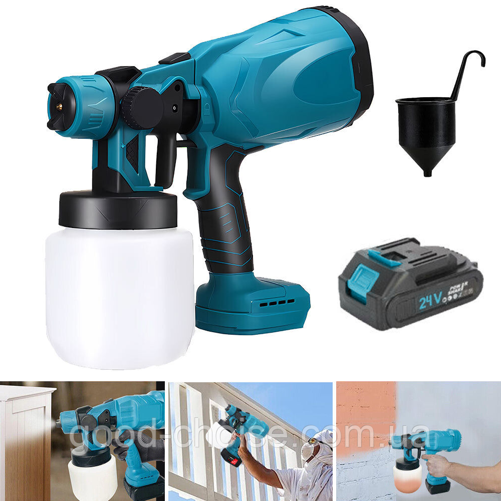 Електричний фарборозпилювач 800мл, 60 DIN, 550 мл/хв, АКБ 24V / Акумуляторний фарборозпилювач регульований - фото 1 - id-p2077285280