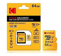 Карта пам'яті для телефону та планшета KODAK Micro SD 64 Gb class 10 U3 V30 A1 з адаптером SD