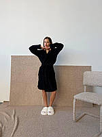 Женский мягкий плюшевый домашний халат с ушками на капюшоне (черный, бежевый, шоколадный) размер: 42-44, 46-48 Черный, 42/44