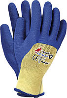 Перчатки защитные трикотажные, частично покрытые пористой резиной, р.7, желто-синие, Dragon, Reis(12/120) 7