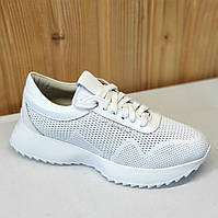 Только 37р и 40р! Кроссовки женские кожаные белые перфорированые на высокой подошве (Код: М3182)