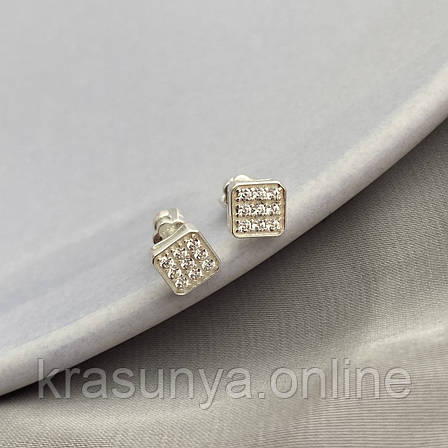 Сережки пусети зі срібла у формі квадрата з білими фіанітами, фото 1
