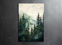 Картина Горный Лес Горы Туманный Лес Большие Деревья Елки Природа Красивый Пейзаж Современный Настенный Декор 90x60