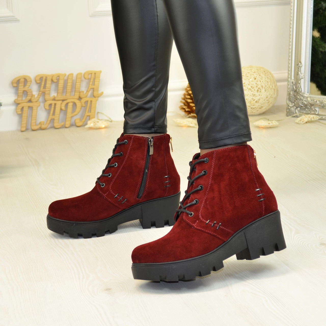 Жіночі замшеві черевики на шнурівці, бордовий колір, фото 1