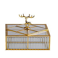 Шкатулка для украшений Золотой олень квадратная стекло с металлическим каркасом 22х22 см SKU_778