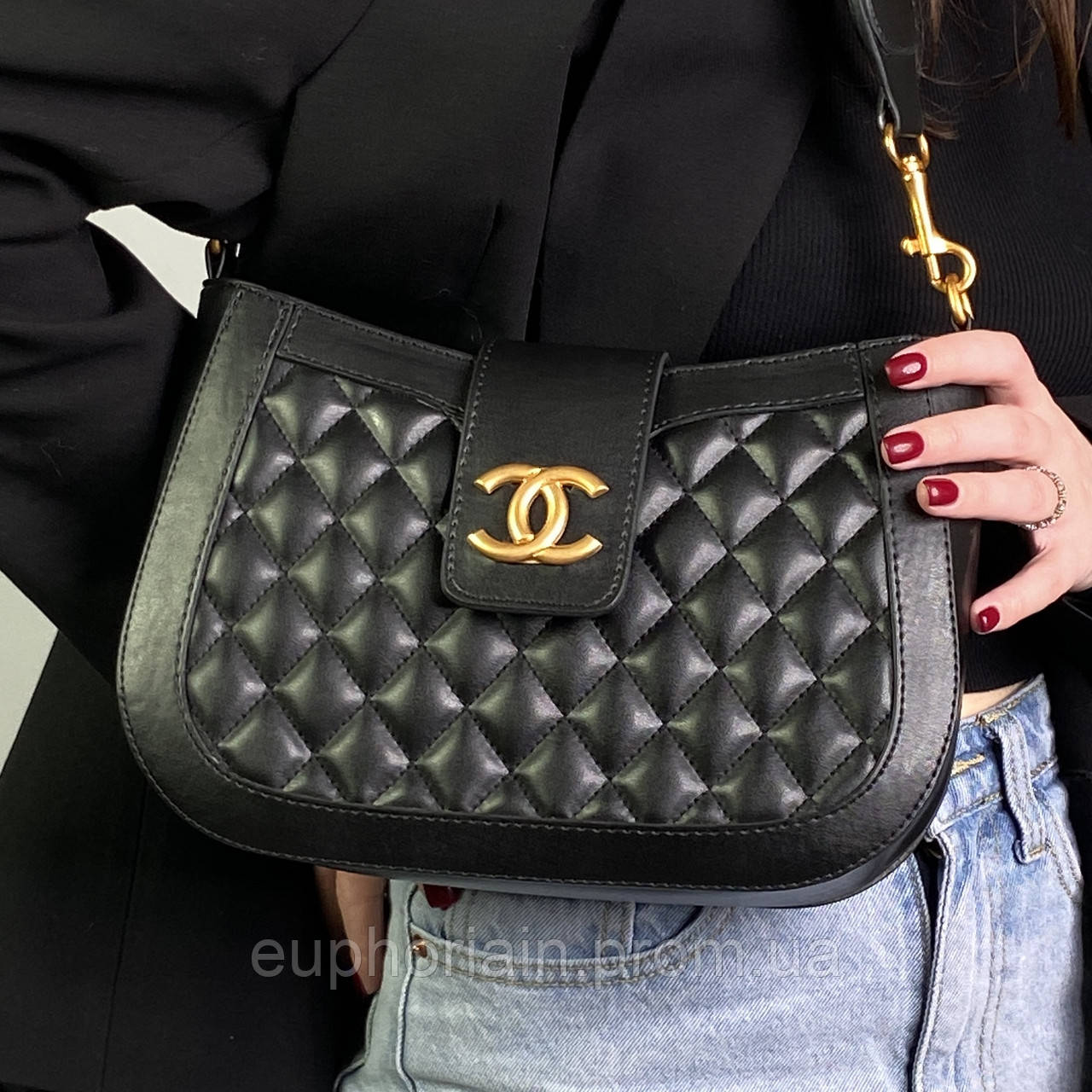 Женская сумочка, клатч отличное качество Chanel Leather Black/Gold - фото 1 - id-p2077814640