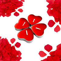 Комплект Свічки чайні червоні серця 50 шт та пелюстки Троянд PZ003