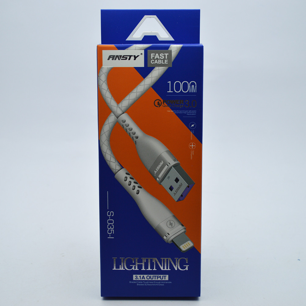 Кабель ANSTY S-035-I Zinc Alloy Lightning 3.1A 1M White, фото 1