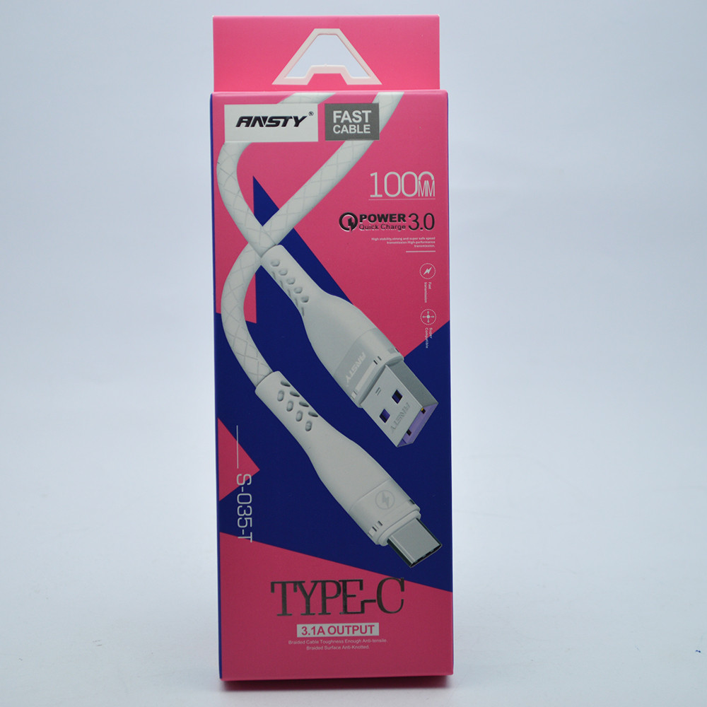 Кабель ANSTY S-035-T Zinc Alloy Typc-C QC 3.1A 1M White, фото 1