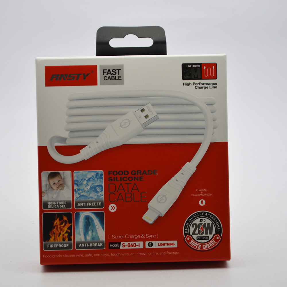 Кабель ANSTY S-040-I Silicone Lightning 5A 2M Black, фото 1