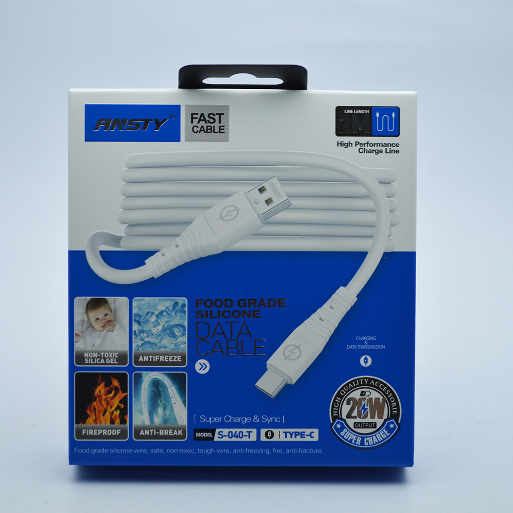 Кабель ANSTY S-040-T Silicone Type-C 5A 2M White, фото 1