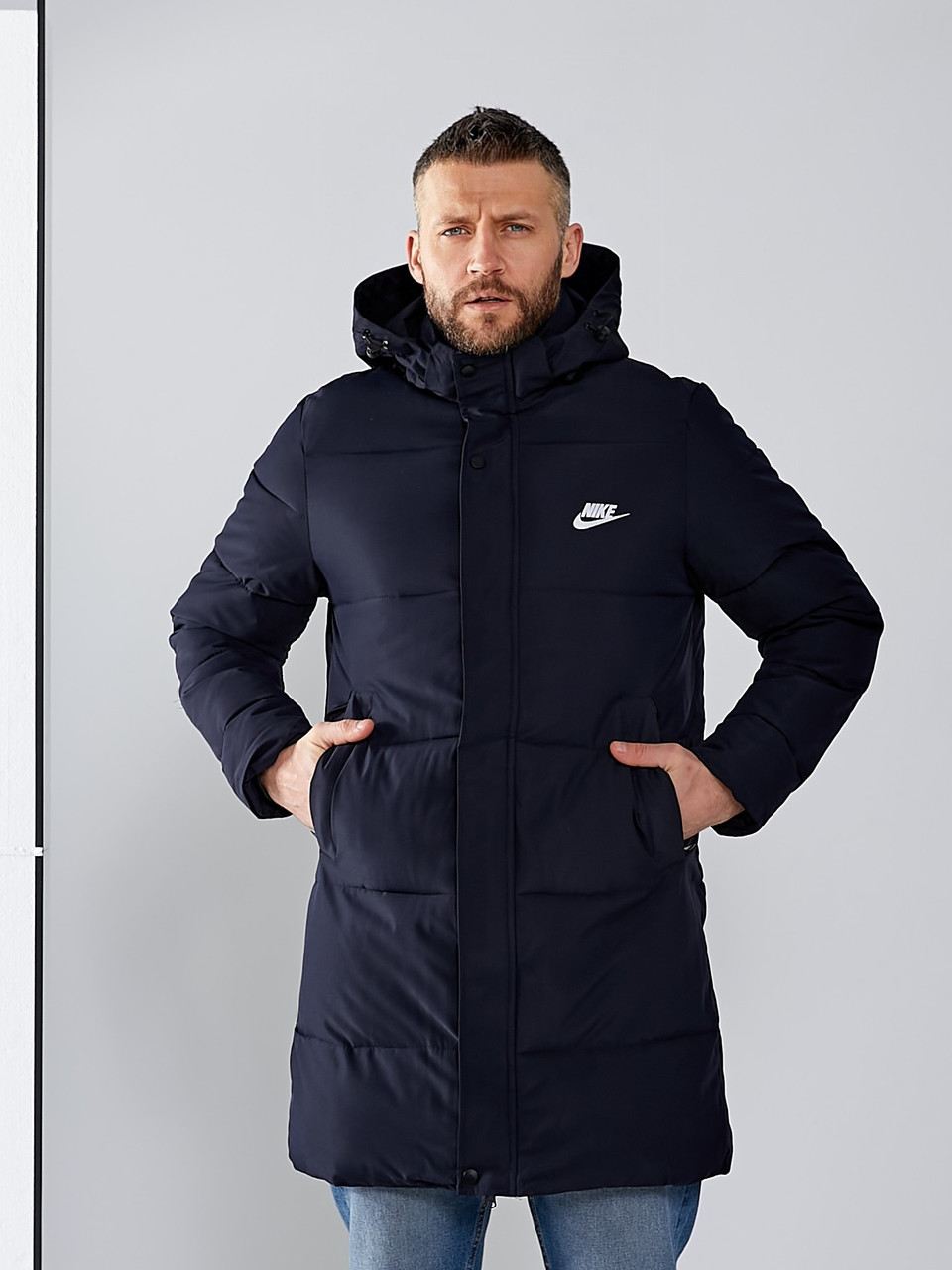 Чоловіча куртка Nike довга зимова куртка Найк, подовжена куртка Nike на зиму з капюшоном
