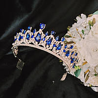 Диадема,тиара для свадебной, вечерней прически 5,5 см, синяя