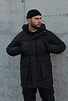 Куртка зимняя мужская до -25 С удлиненная теплая + Перчатки в подарок черная Парка зима с капюшоном
