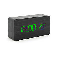 Электронные часы VST-862 Wooden (Black), с датчиком температуры, будильник, питание от кабеля USB, Green Light