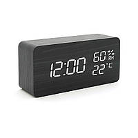 Электронные часы VST-862S Wooden (Black), с датчиком температуры и влажности, будильник, питание от кабеля