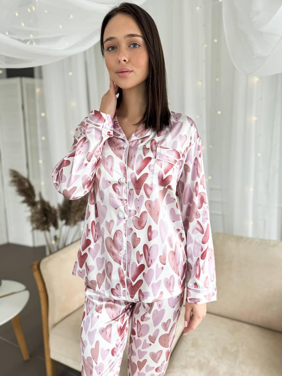 Піжама шовк Армані рожеві сердечки. Жіночий домашній костюм. Одяг для сну і відпочинку., фото 1