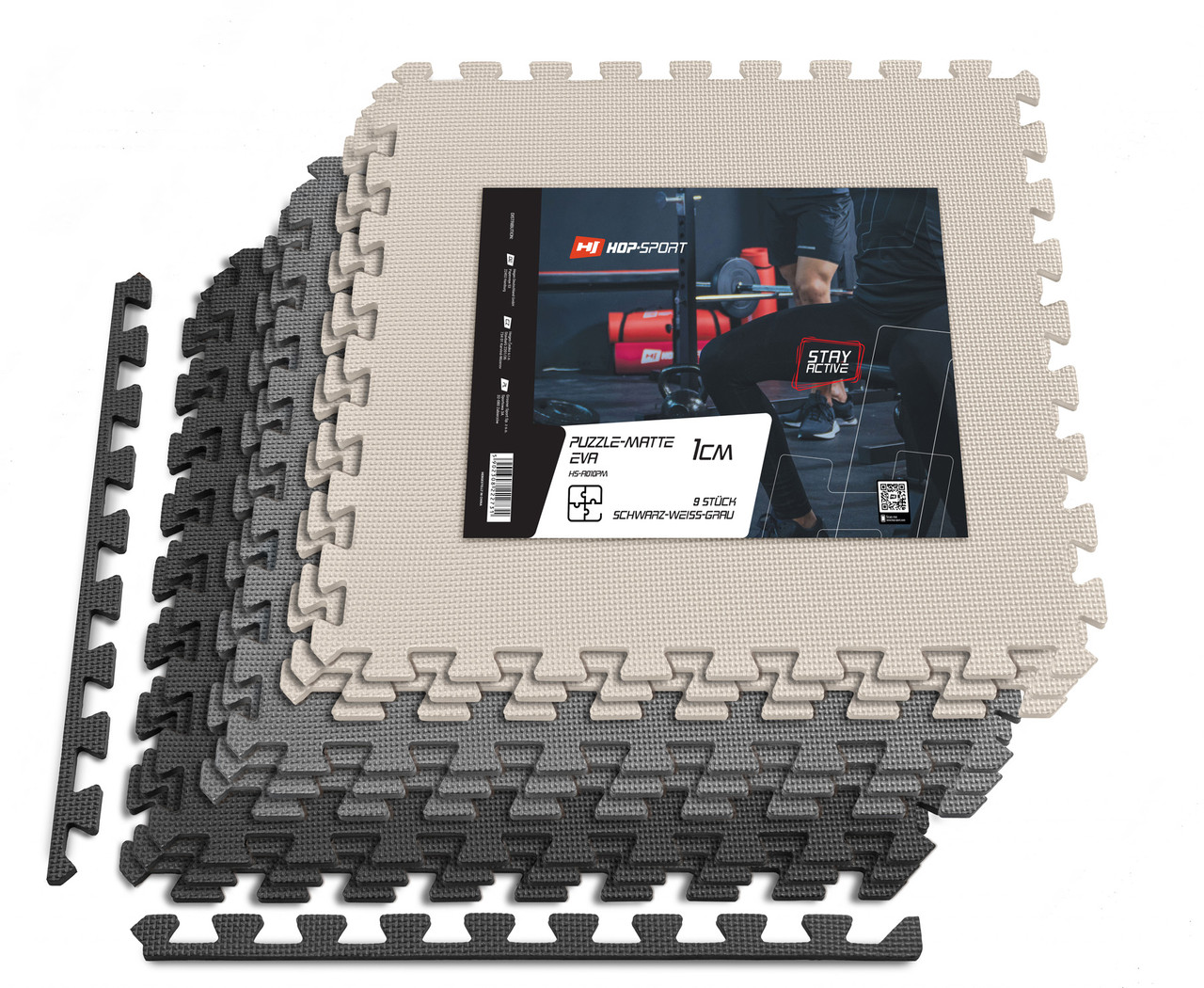 Мат-пазл Hop-Sport EVA 1 см HS-A010PM — 9 частин чорний/білий/сірий, фото 1
