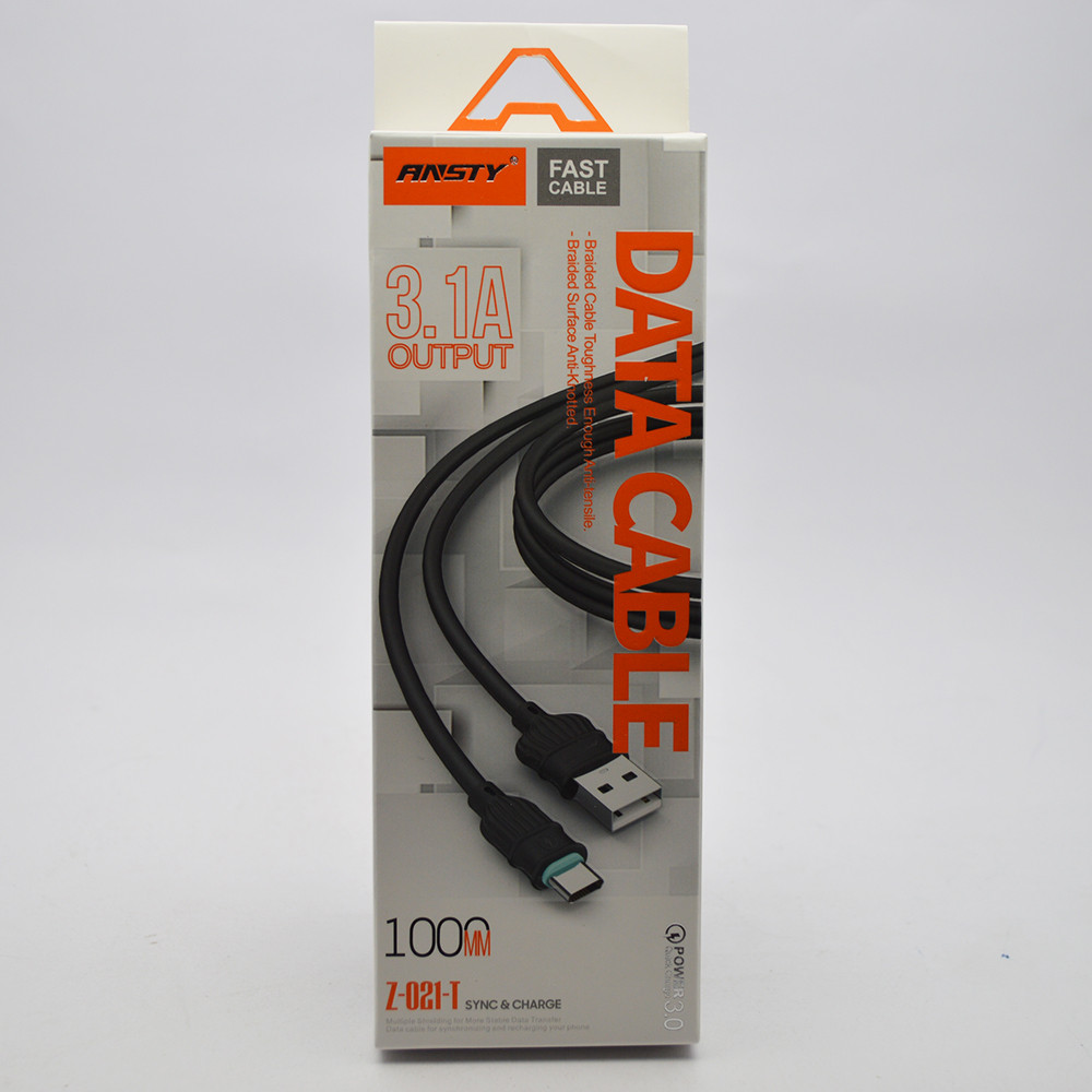 Кабель ANSTY Z-021-T Type-C QC 3.1A 1M Black, фото 1
