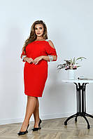 Женское стильное молодежное красное платье до колена со стразами на рукавах норма и батал