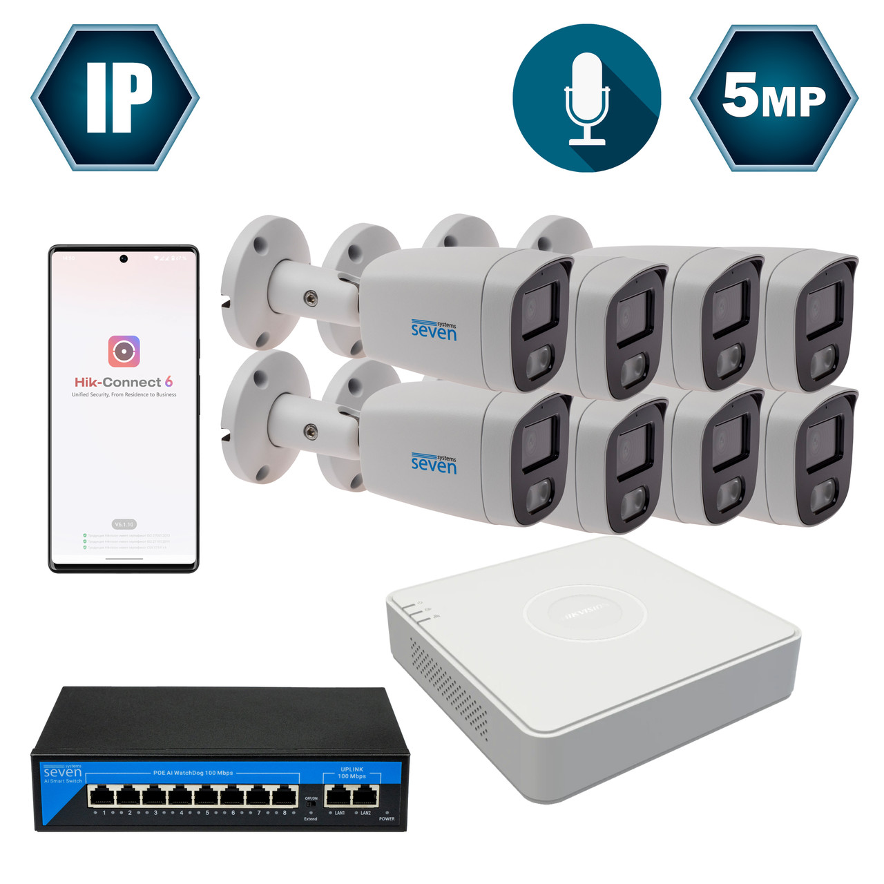 Комплект IP-відеоспостереження Hikvision на 8 циліндричних 5 Мп IP-камер HK-IP7118OW-5MP