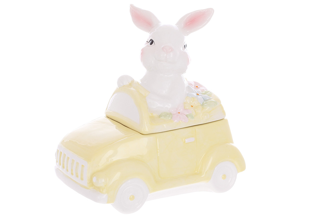 Банка для печива керамічна Зайчик в машині, 800мл, колір жовтий, фото 1