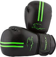 Боксерские перчатки 12 унц. из экокожи PowerPlay 3016 черно-зеленые на липучке для занятий дома и в