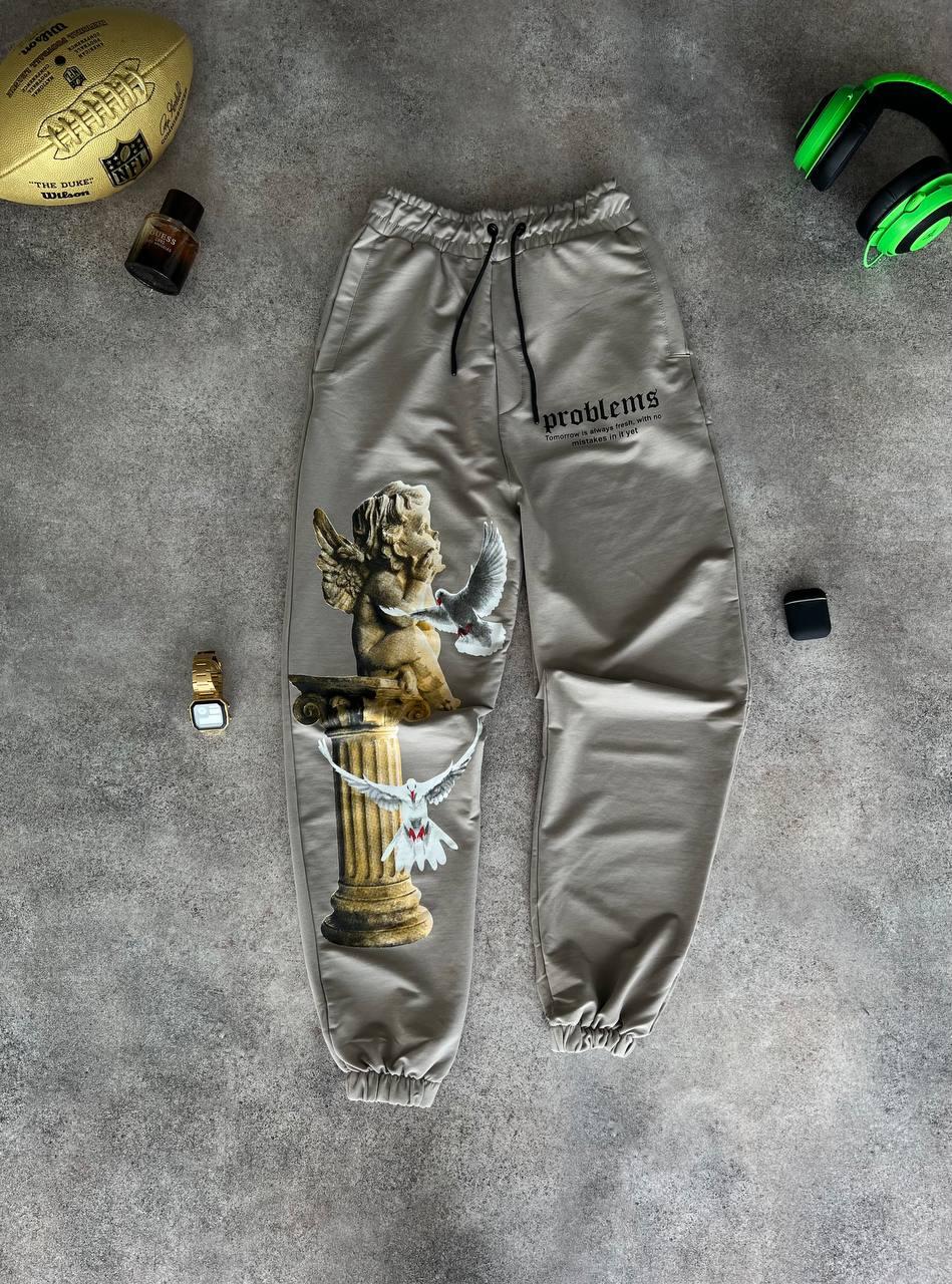 Спортивні чоловічі штани весна-осінь бежеві з принтом вільні Oversize Problems, фото 1