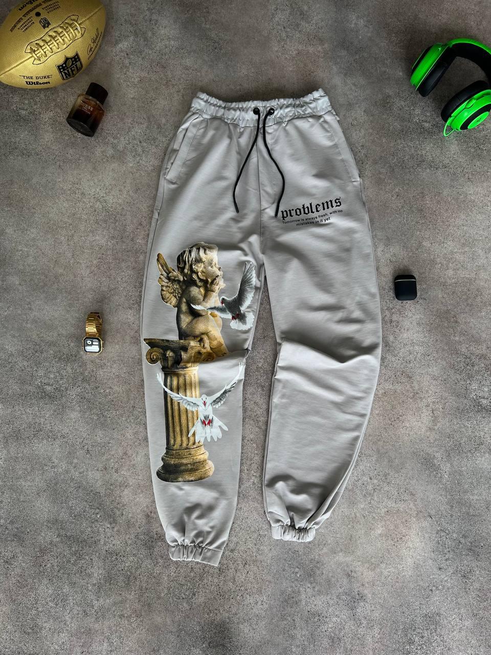 Спортивні чоловічі штани весна-осінь сірі з принтом вільні Oversize Problems, фото 1