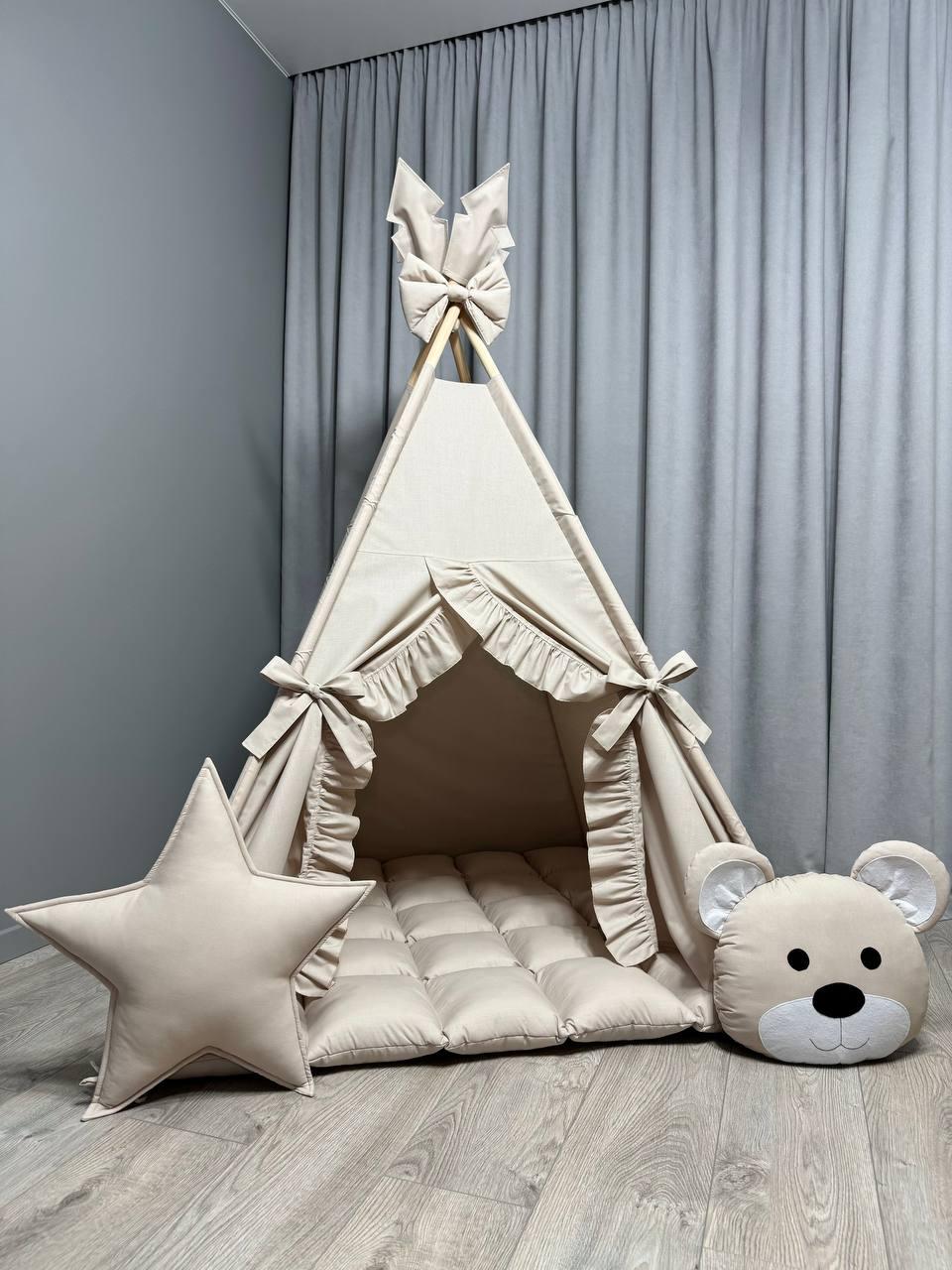 Вігвам Ведмежа на бежевому БОНБОН Повний комплект, вігвам дитячий, вігвам для дівчинки, вігвам для хлопчика, вігвам для дітей - фото 1 - id-p1358459022