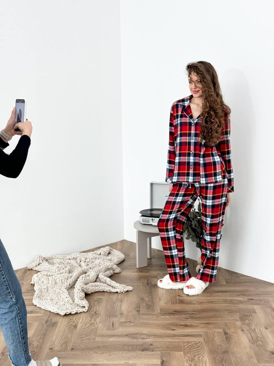 Жіноча піжама в клітинку. Домашній комплект. Одяг для дому і сну., фото 1