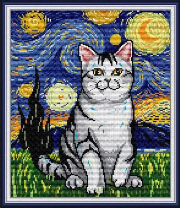 Набір для вишивання за нанесеною на канву схемою "Starry Night Cat". AIDA 14CT printed,31*35см