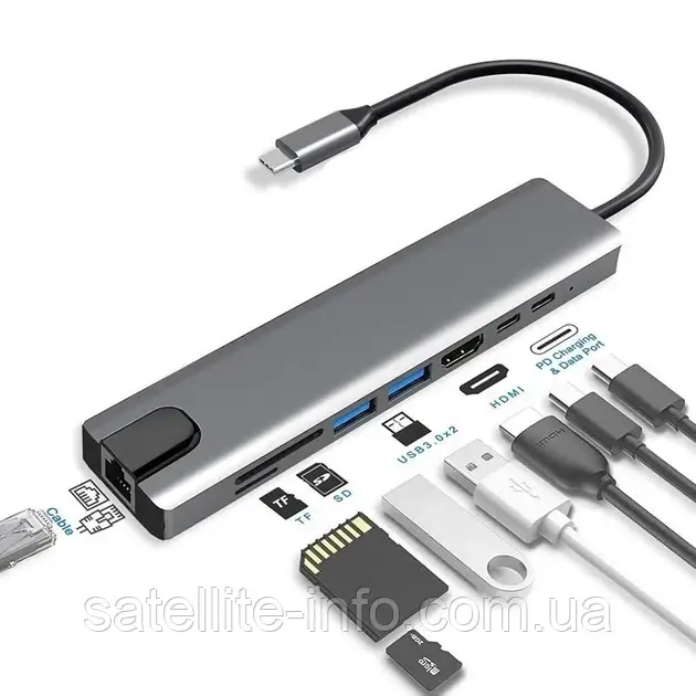 Мультипортовий адаптер (Концентратор Type C 8 in 1 USB 3.0 х2, Картрідер SD, TF, HDMI 4K, LAN, PD )