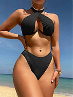 Женский раздельный купальник фактурный с лифом на косточке CROSS черный