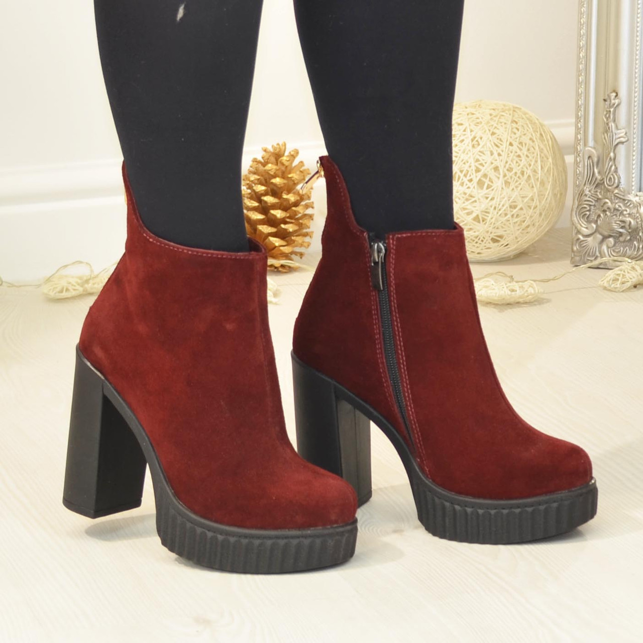 Замшеві черевики жіночі на високому підборі. Бордовий колір, фото 1