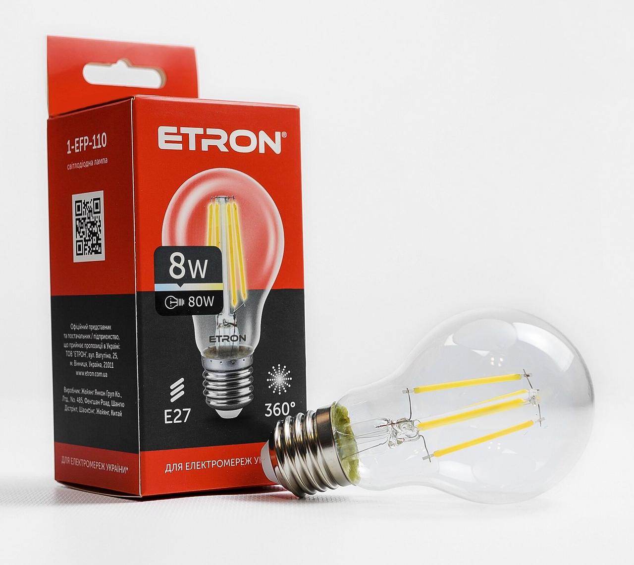 Світлодіодна філаментна лампа ETRON Filament 8W A60 E27 4200K прозора