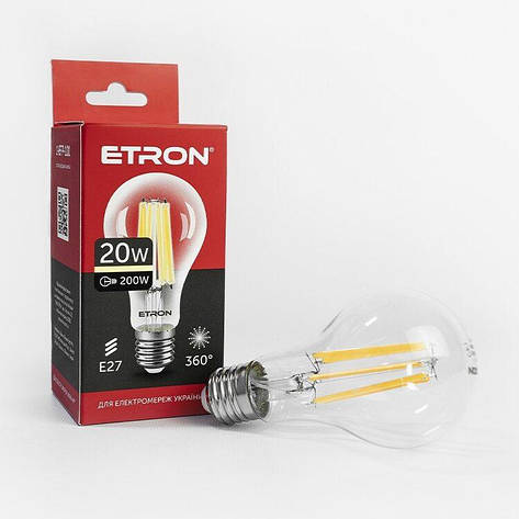 Світлодіодна філаментна лампа ETRON Filament A65 20W E27 3000K прозора, фото 1