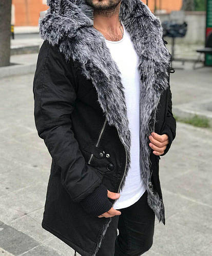 Мужская куртка-джинсовка длинная с капюшоном на меху (черная) теплая ...