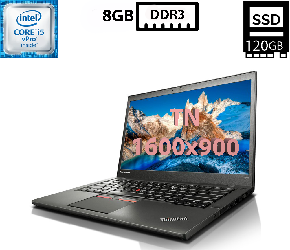 Ноутбук Lenovo ThinkPad T450s/14"TN(1600x900)/Intel Core i5-5300U 2.30GHz/8GB DDR3/SSD 120GB/Intel HD Graphics 5500/Camera, фото 1