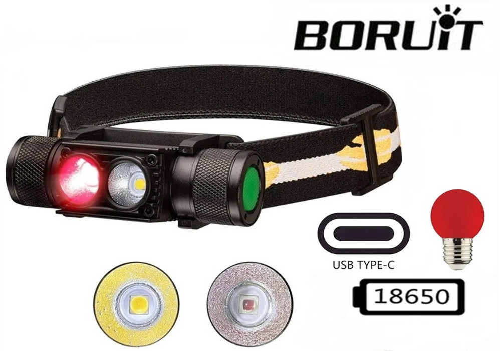 Налобний ліхтар Boruit D25 LR з Червоним світлом (500LM, USB-C, Red led, 18650), Без батареї