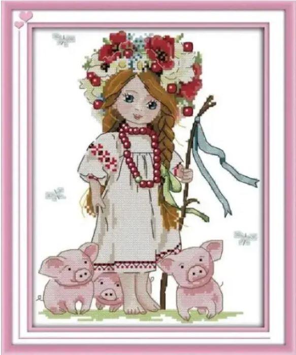 Набір для вишивання за нанесеною на канву схемою "Girl and piglets". AIDA 14CT printed, 26*31 см