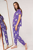 Красивая женская фиолетовая пижама (кофта на пуговицах и штаны с единорожком) "Lily" + замеры
