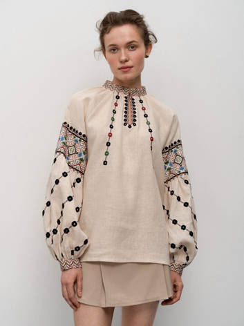 Блуза вишиванка жіноча, бежевого кольору з вишивкою, рукава довгі розміри S, M, L, фото 2